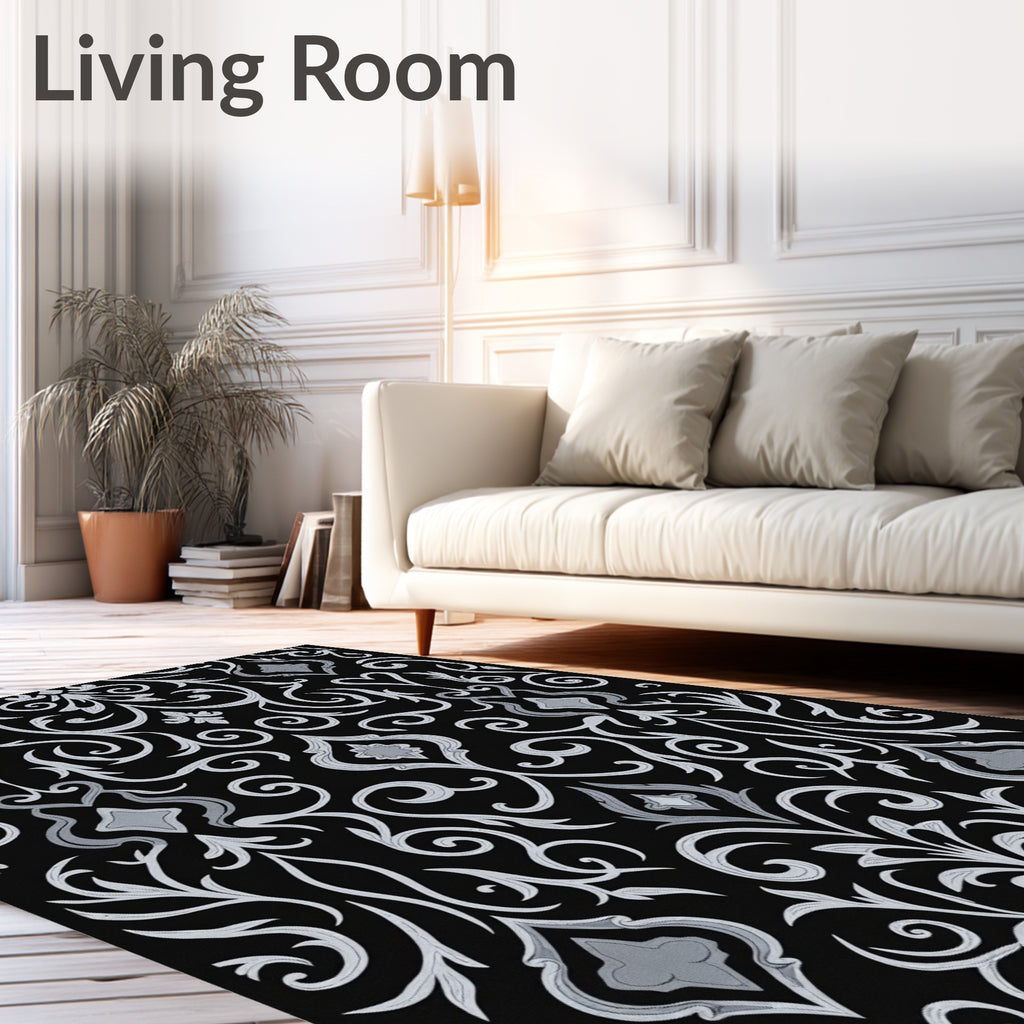 Ornate Black White Damask Pattern Rug