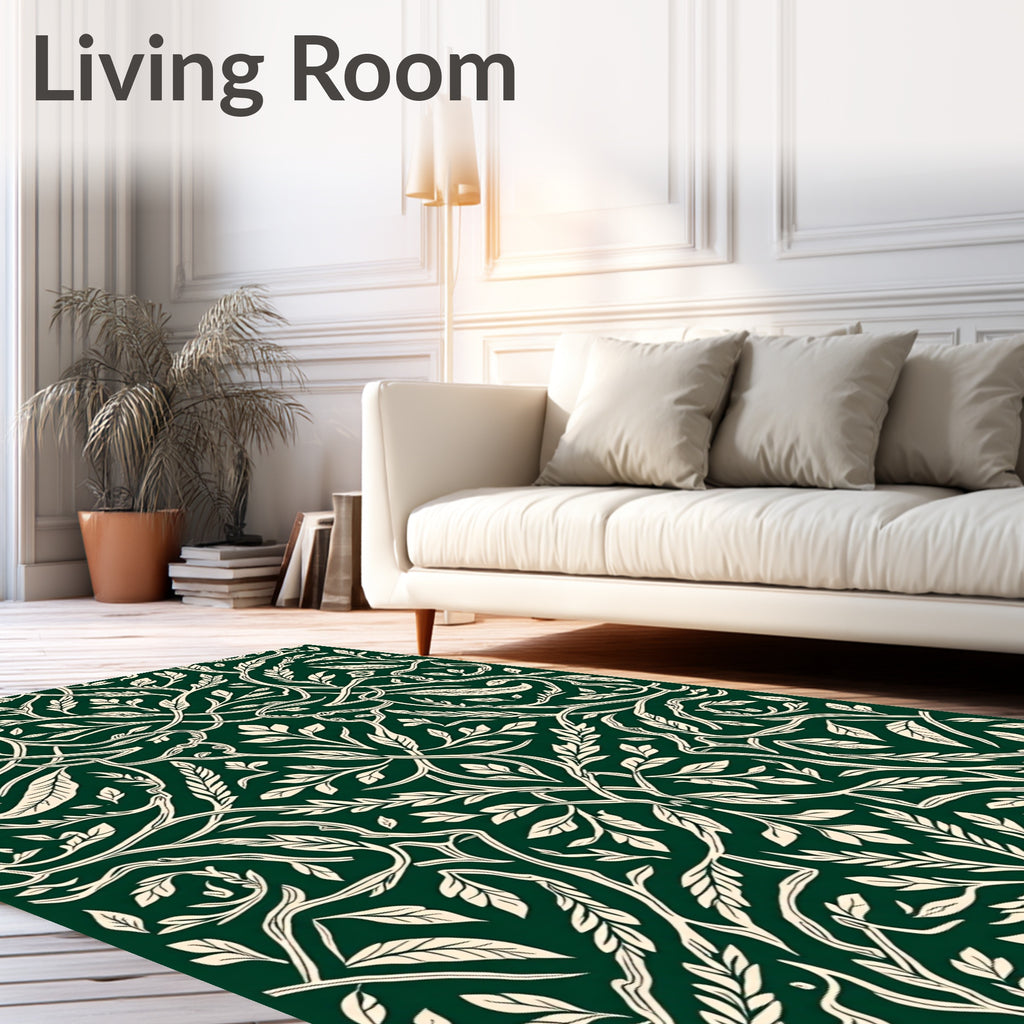 Forest Green Cream Vine Pattern Rug