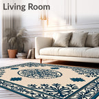 Classic Blue Floral Border Medallion Design Rug