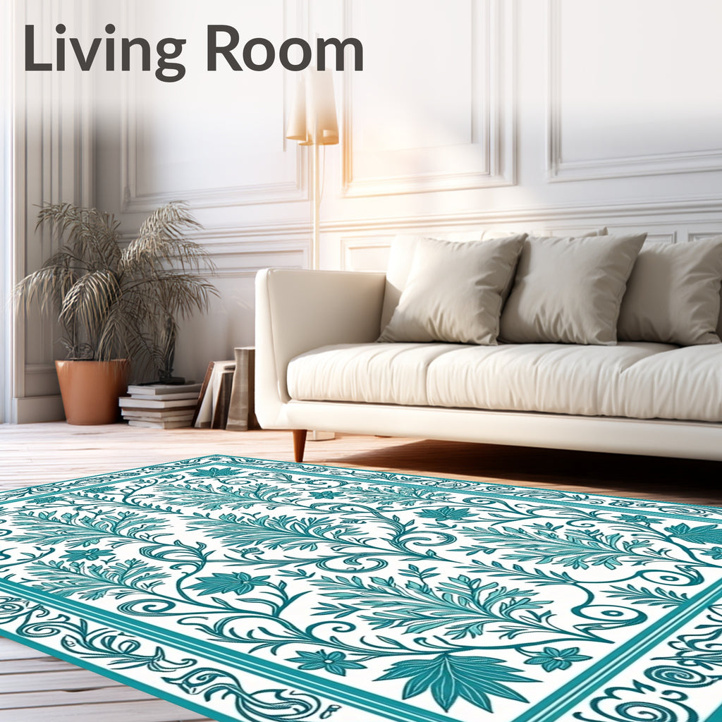 Teal Leaf and Floral Pattern Rug