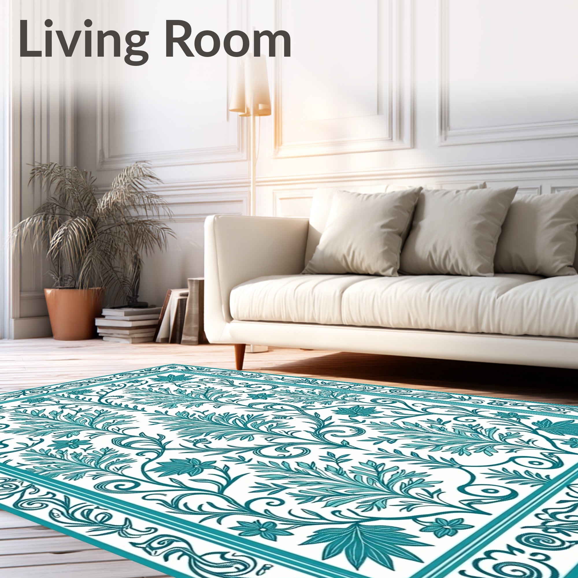 Teal Leaf and Floral Pattern Rug