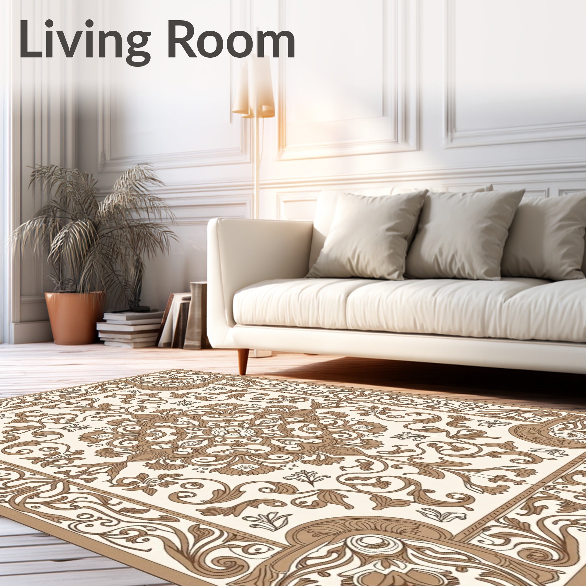 Ornate Brown Floral Scroll Pattern Rug