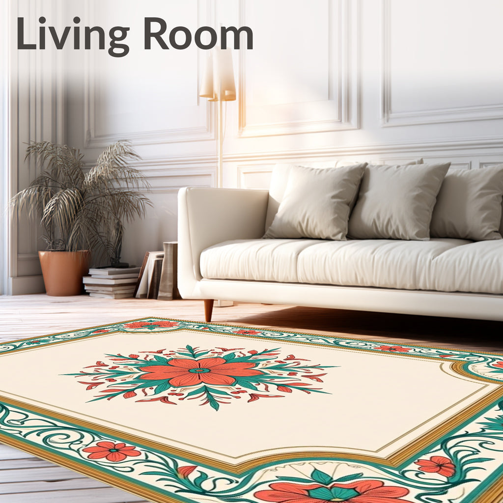 Coral Floral Geometric Medallion Design Rug