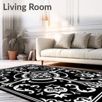 Classic Black White Scrollwork Floral Rug
