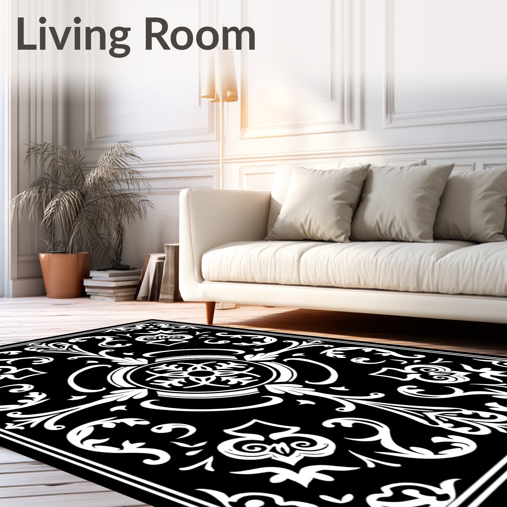 Classic Black White Scrollwork Floral Rug