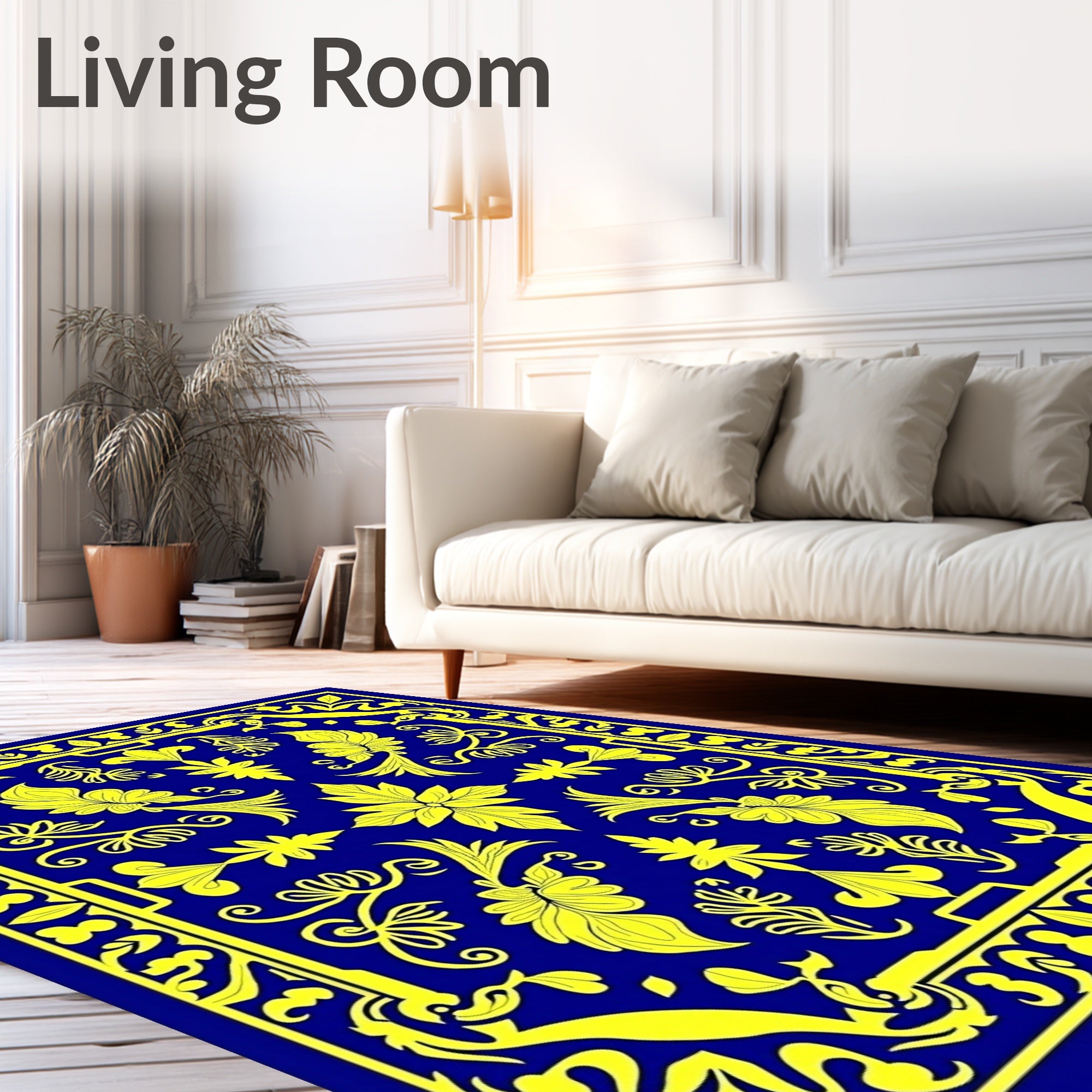 Royal Blue Yellow Floral Border Rug