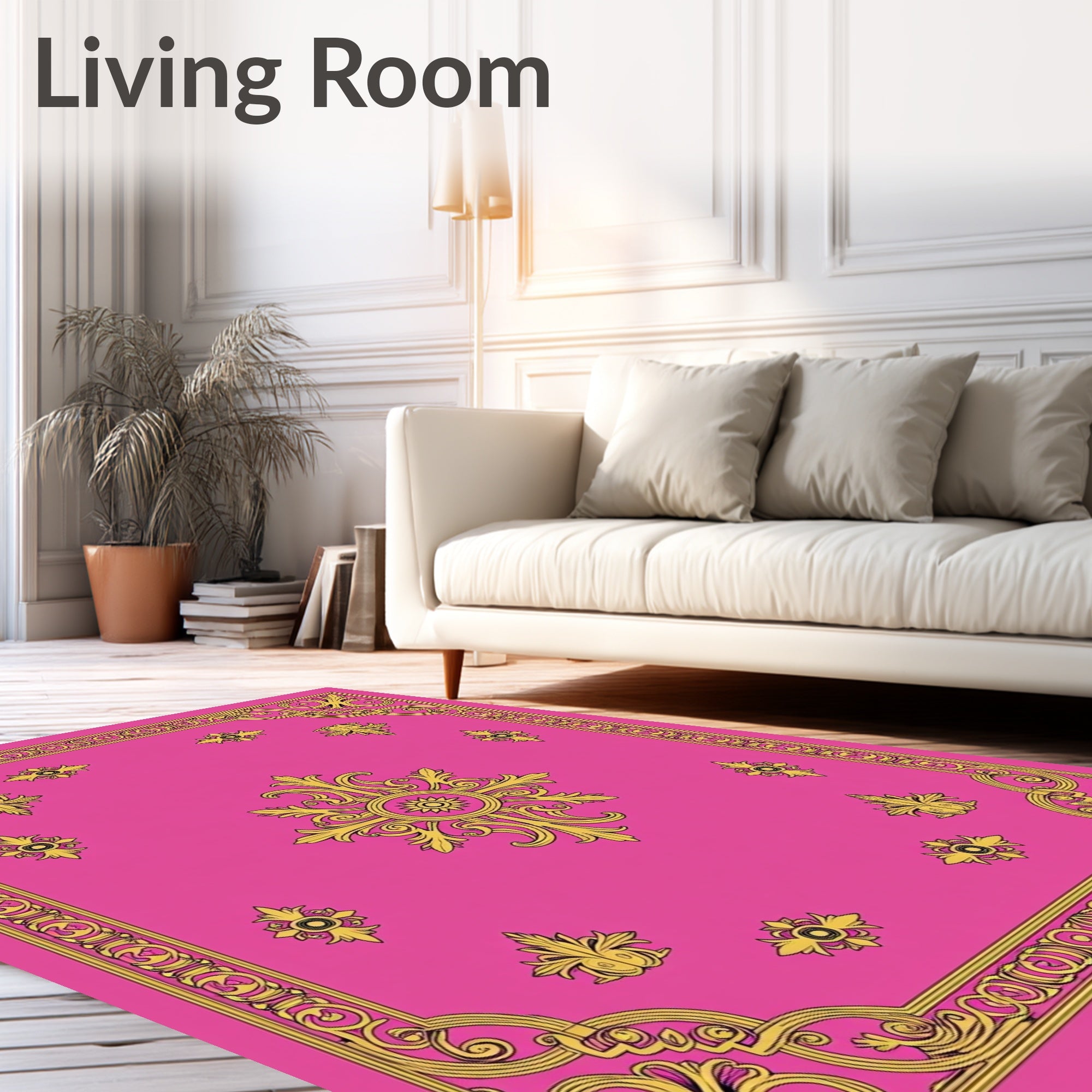Ornate Scrollwork Pink Gold Pattern Rug
