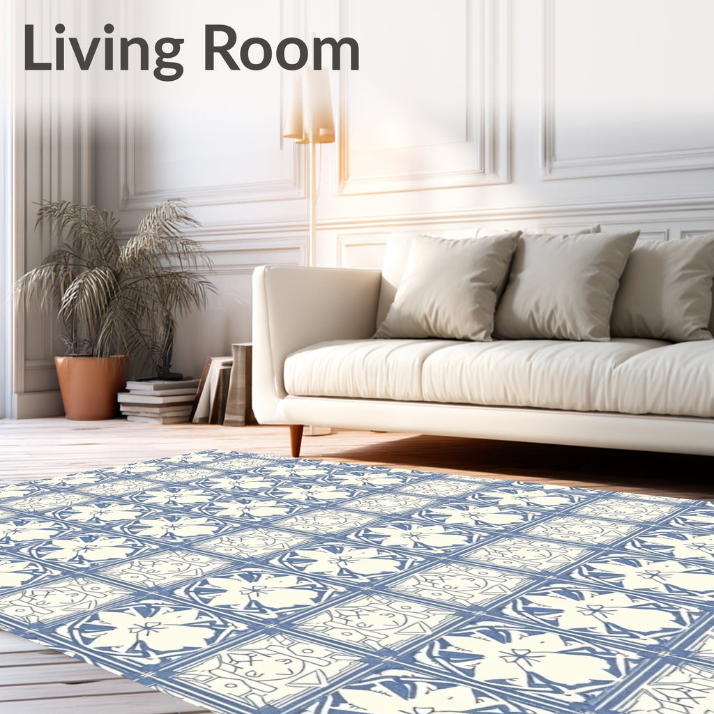 Blue Cream Classic Tile Pattern Rug