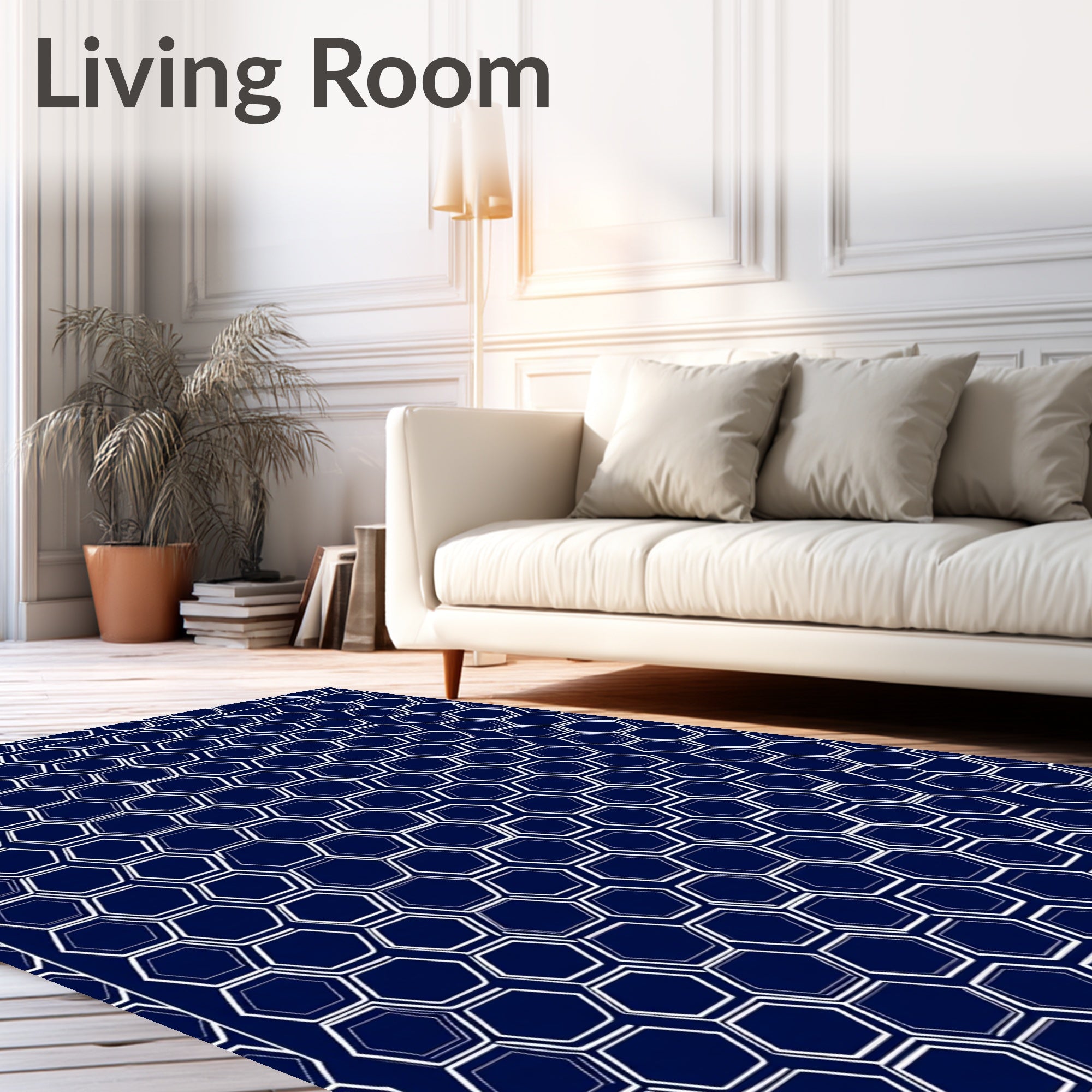 Navy White Hexagonal Geometric Design Rug