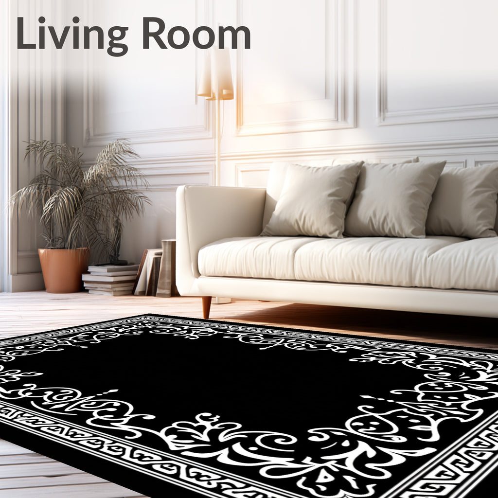 Ornate White Damask Scrollwork Design Rug