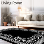 Ornate White Damask Scrollwork Design Rug