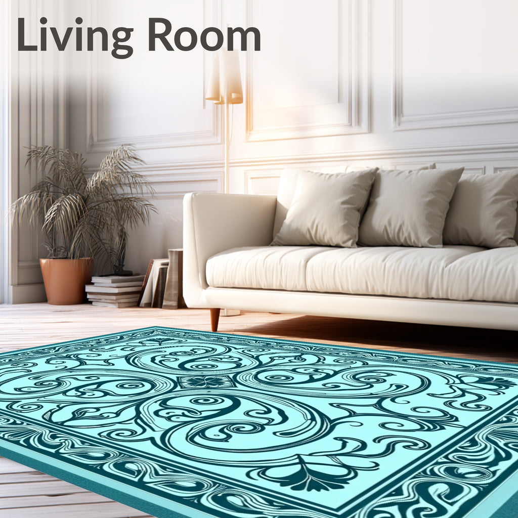 Elegant Teal Floral Scroll Rug