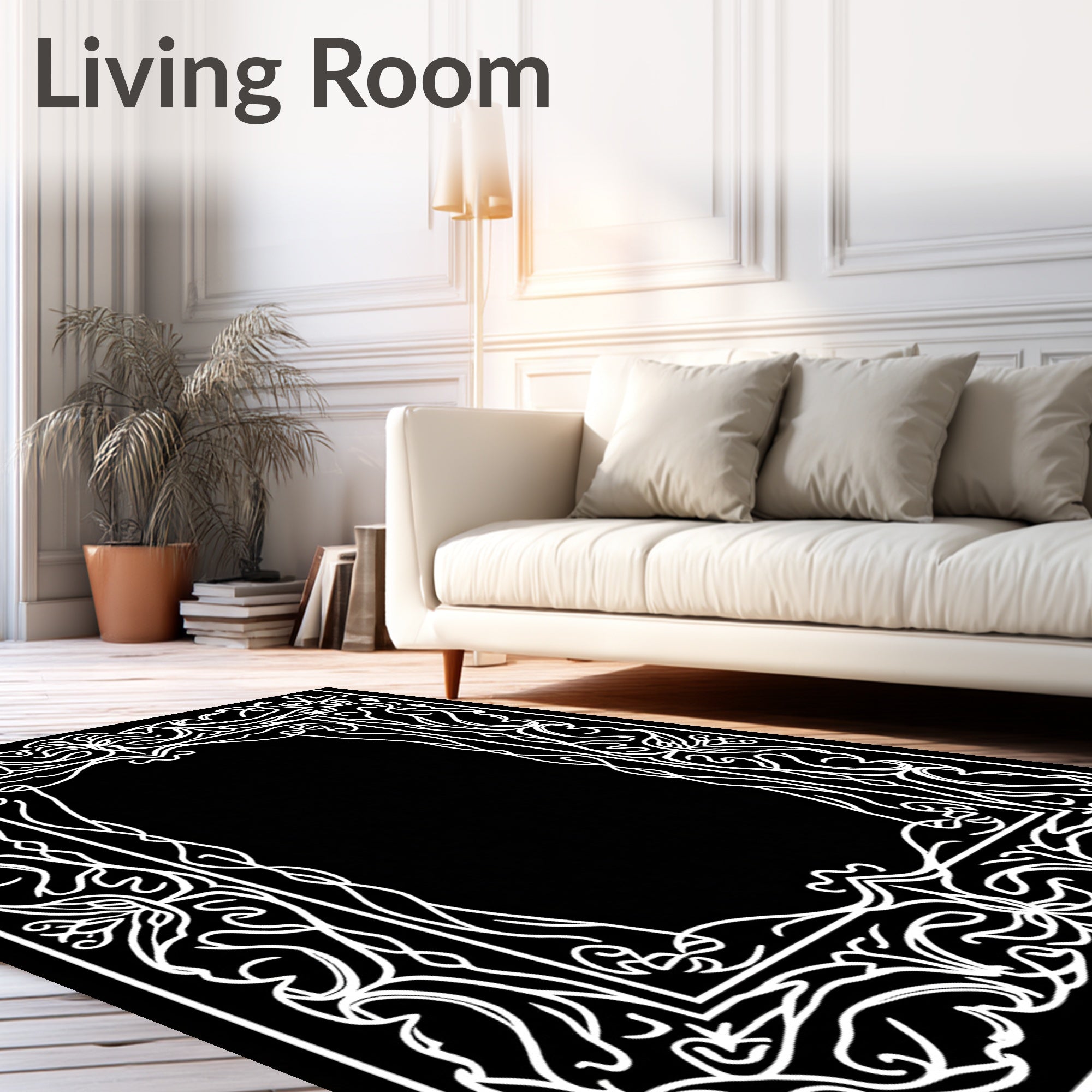Ornate Flourish White Border Design Rug