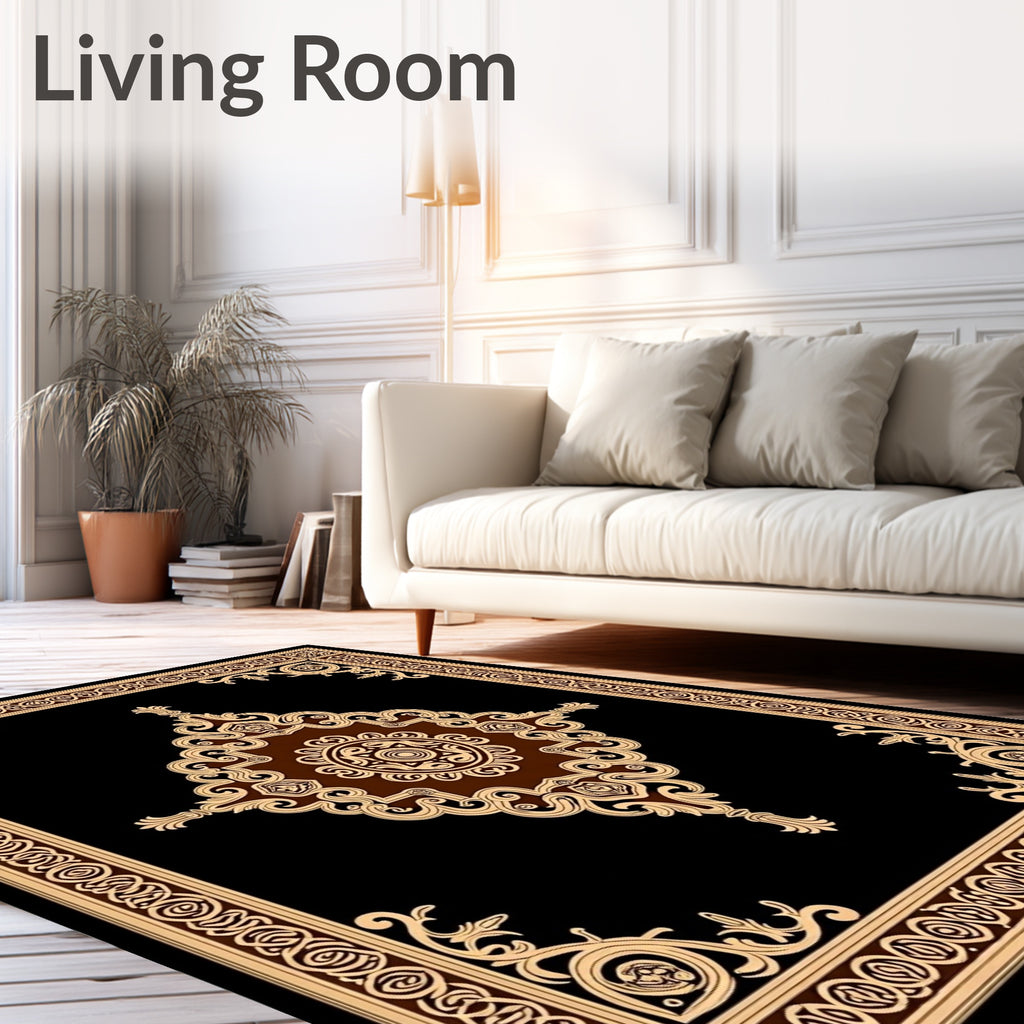Elegant Ornate Black And Brown Rug