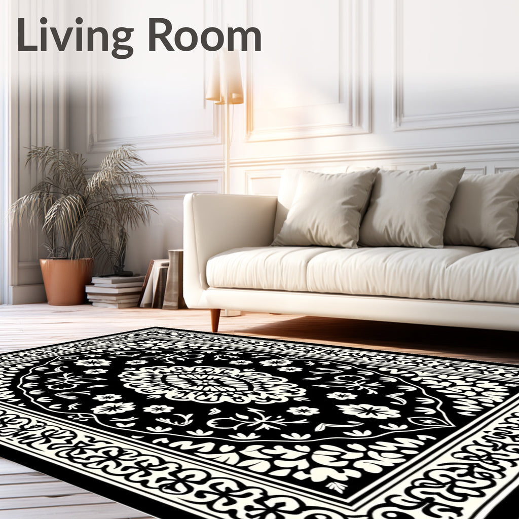 Classic Black White Floral Medallion Rug