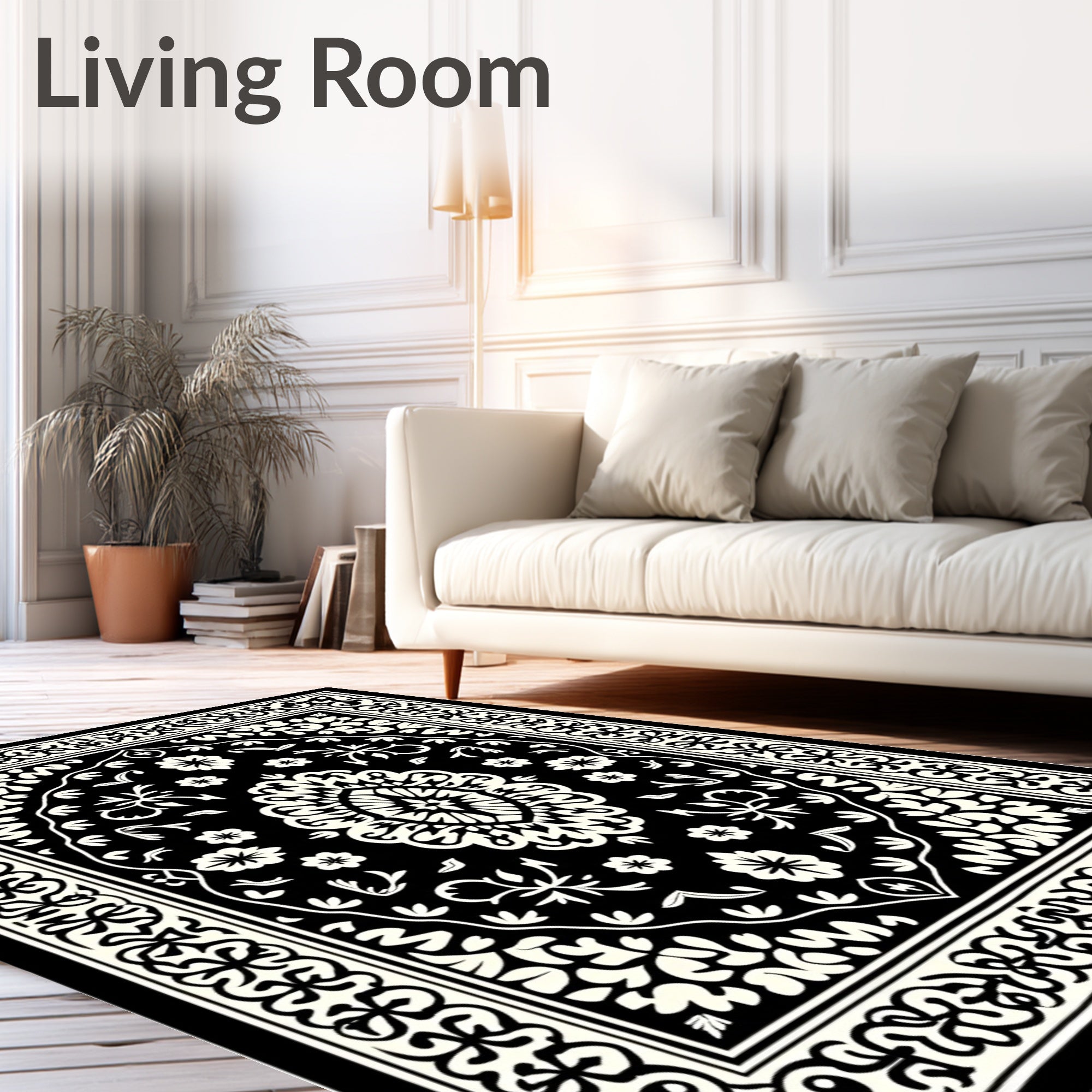 Classic Black White Floral Medallion Rug
