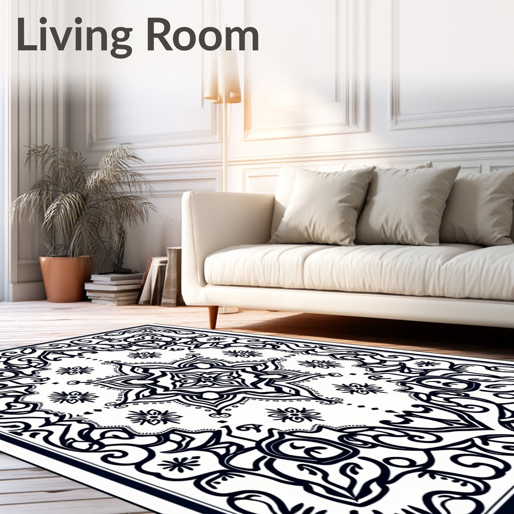 Intricate Black Floral Mandala Design Rug