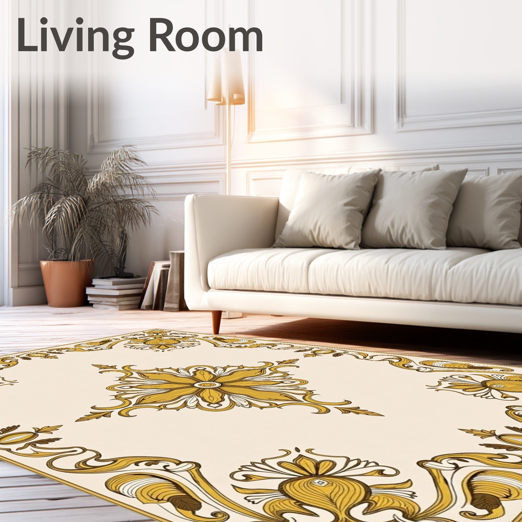 Ornate Golden Floral Scroll Rug