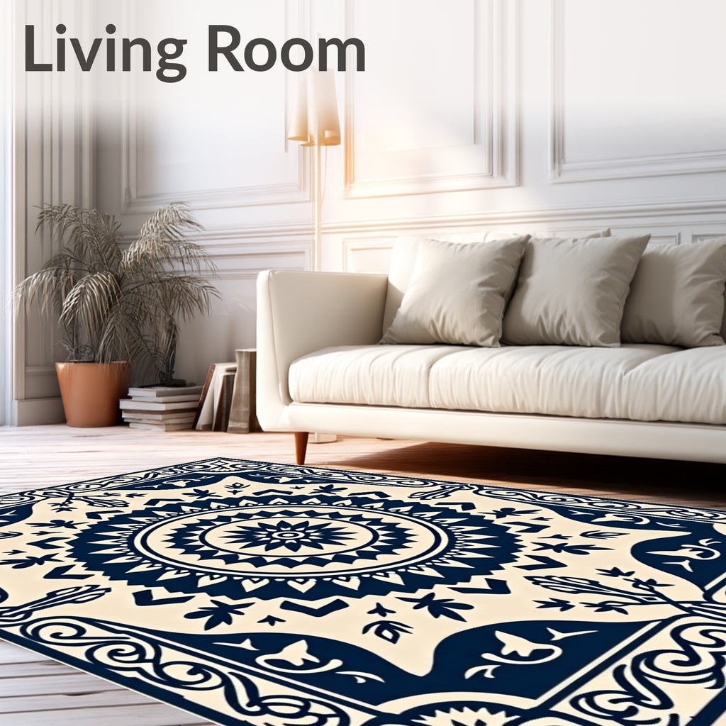 Classic Dark Blue Sunburst Mandala Rug