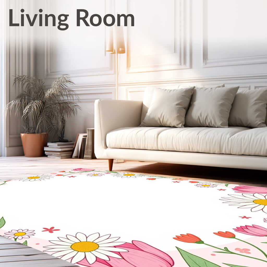Pink Floral Daisy Tulip Design Rug