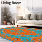 Symmetrical Orange and Teal Floral Medallion Rug