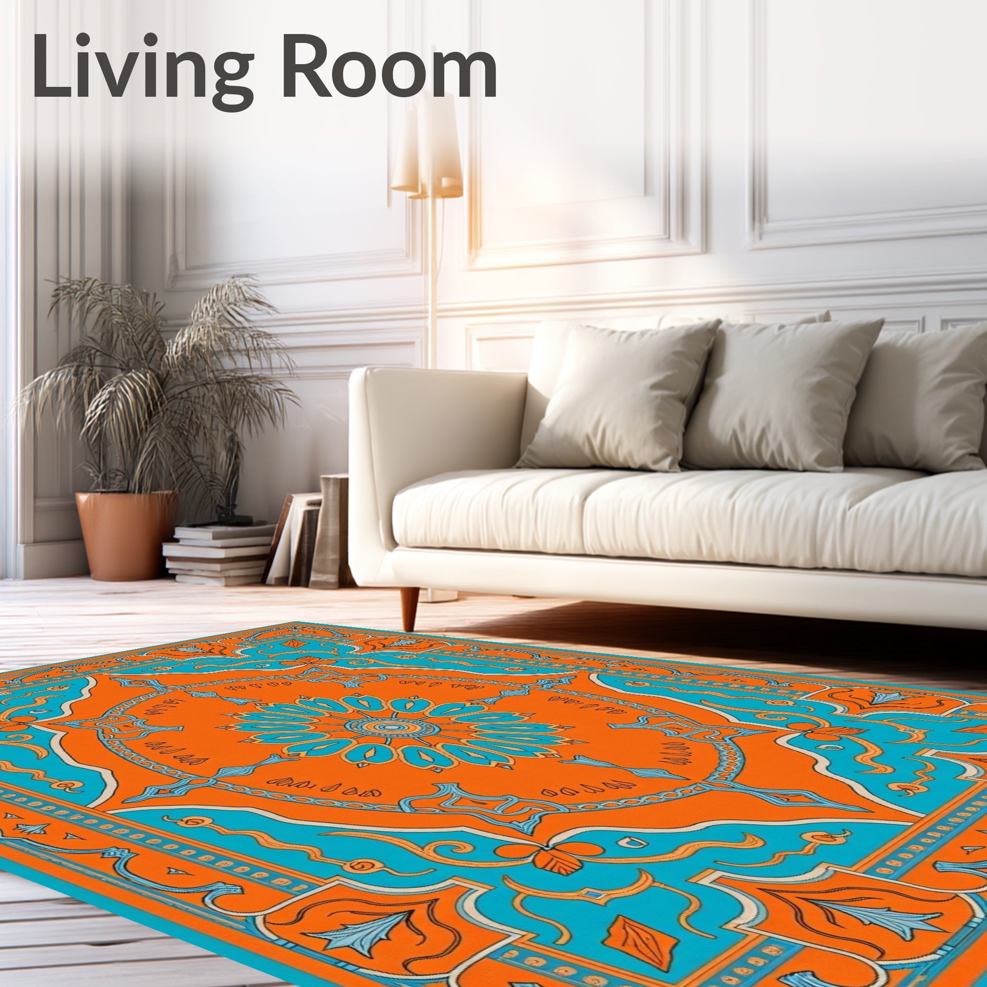 Symmetrical Orange and Teal Floral Medallion Rug