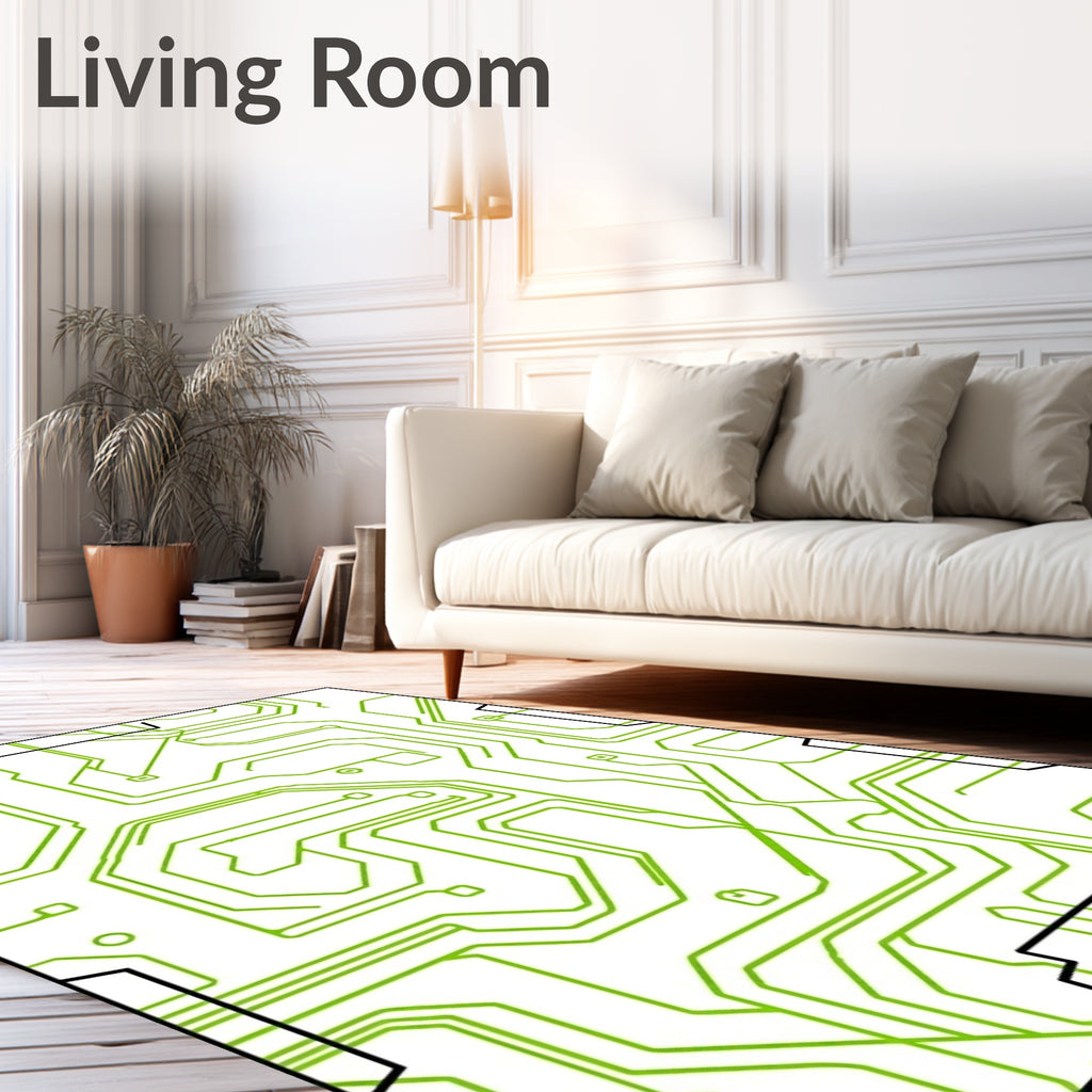 Circuit Board Inspired Green Geometric Pattern Rug