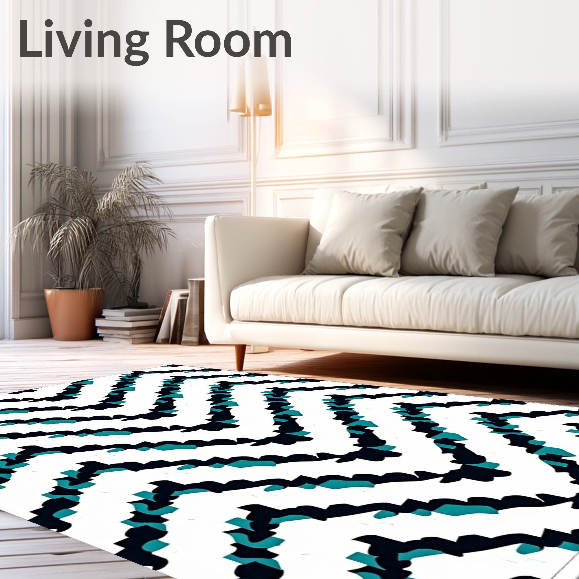Abstract Teal Black Geometric Zigzag Pattern Rug