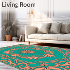 Ornate Teal Coral Floral Scroll Design Rug