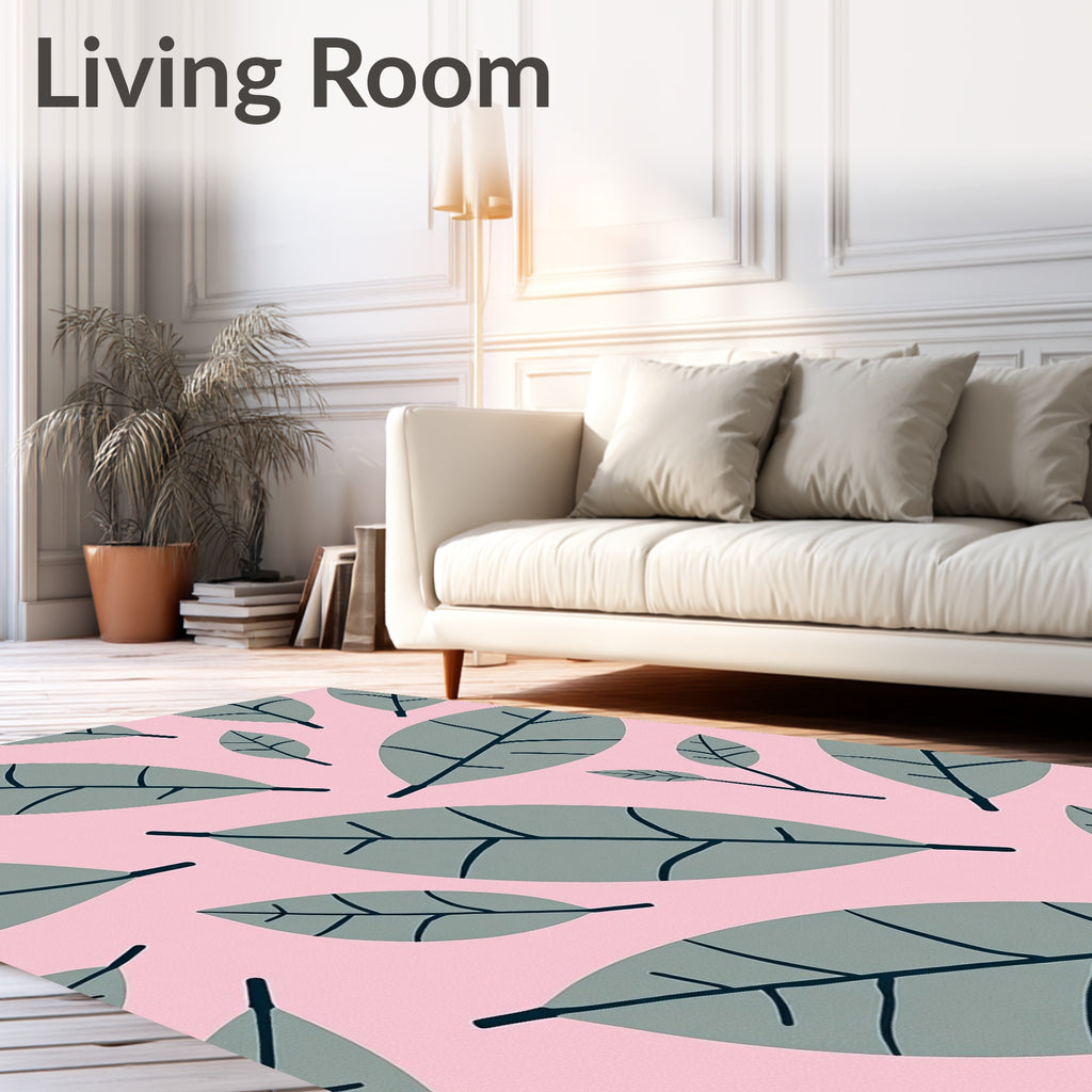 Gray Leaf Pattern on Pink Background Rug