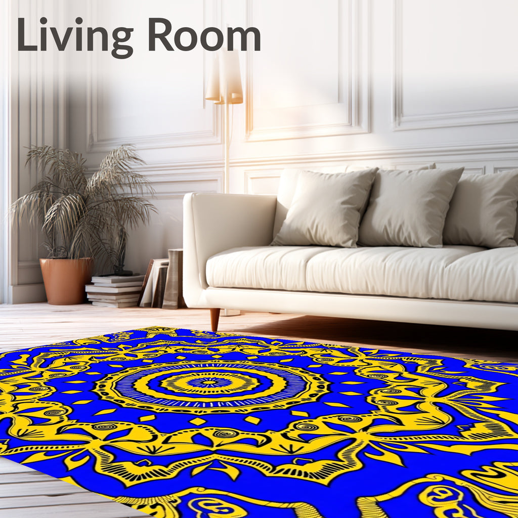 Vibrant Blue Yellow Mandala Pattern Rug