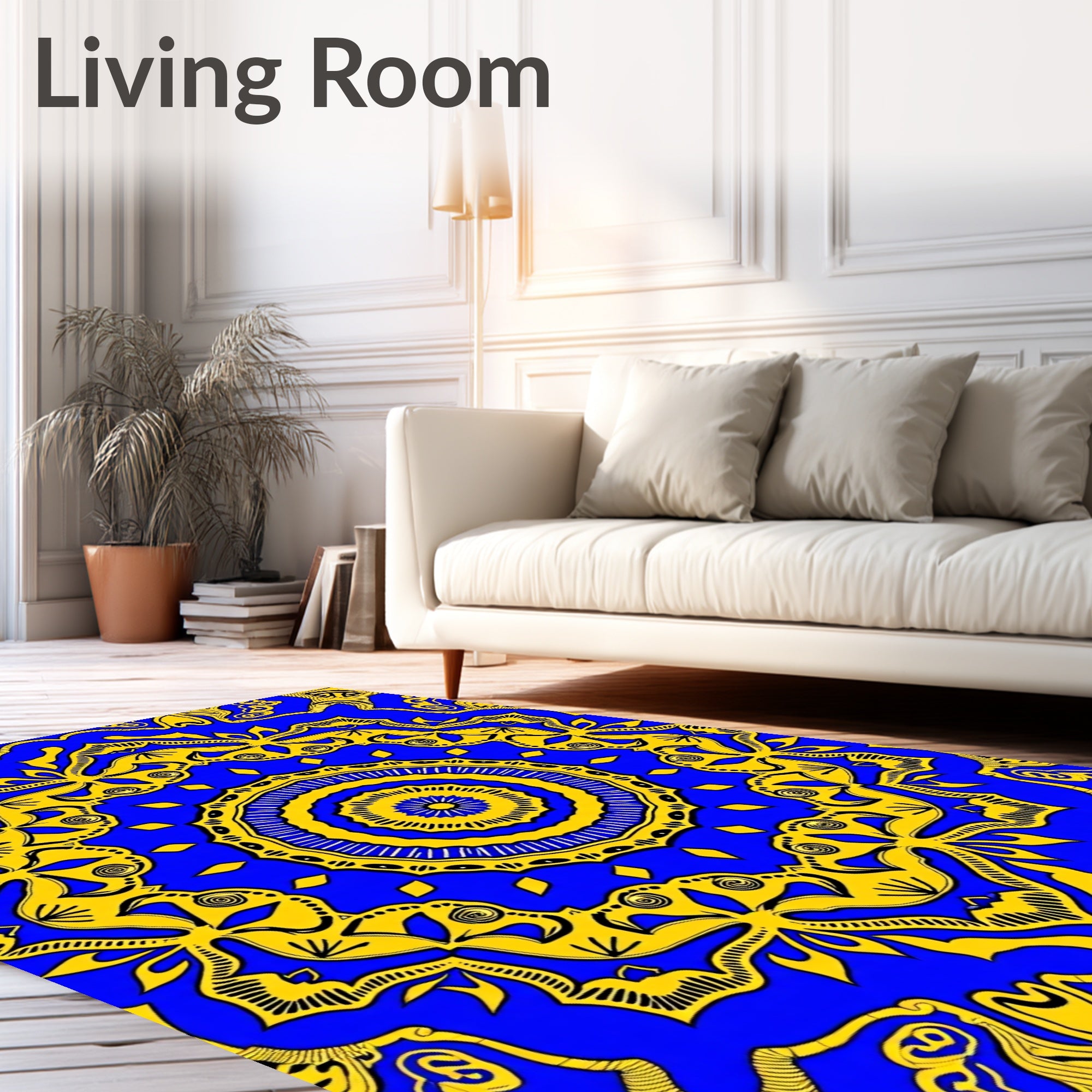 Vibrant Blue Yellow Mandala Pattern Rug