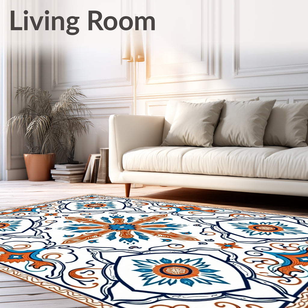 Orange Blue Floral Mandala Design Rug