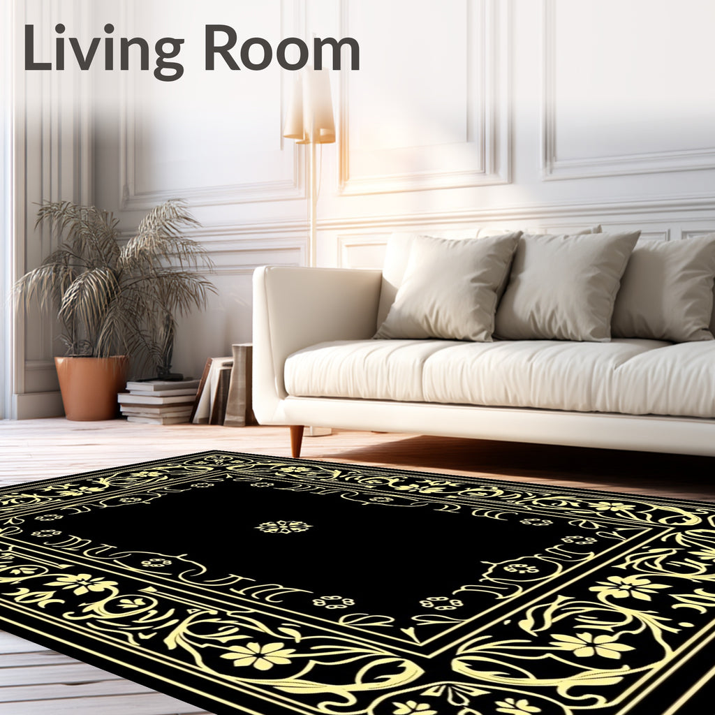 Elaborate Floral Scrollwork Black Gold Rug