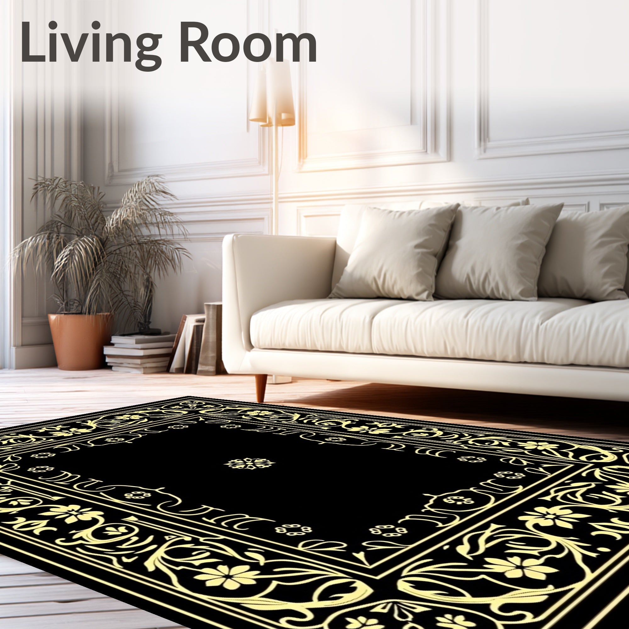 Elaborate Floral Scrollwork Black Gold Rug
