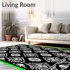 Black White Classical Floral Motif Rug