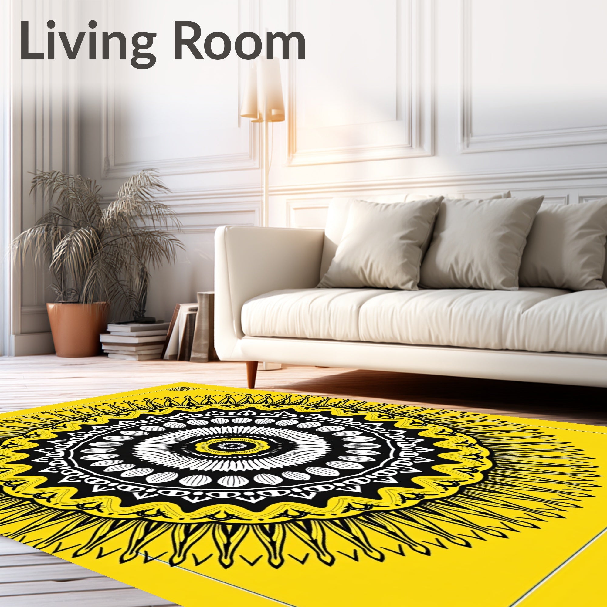 Radiant Yellow Sunburst Geometric Motif Rug