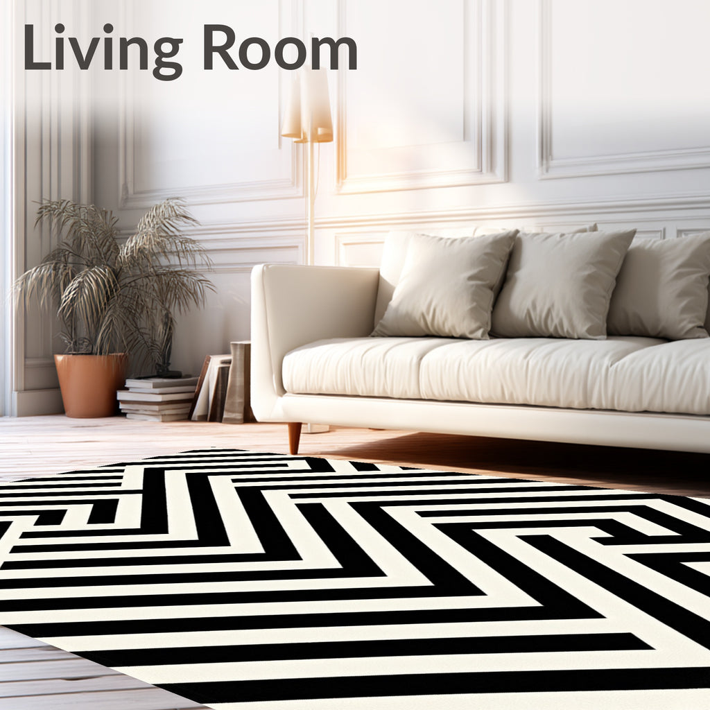 Modern Black White Geometric Maze Design Rug