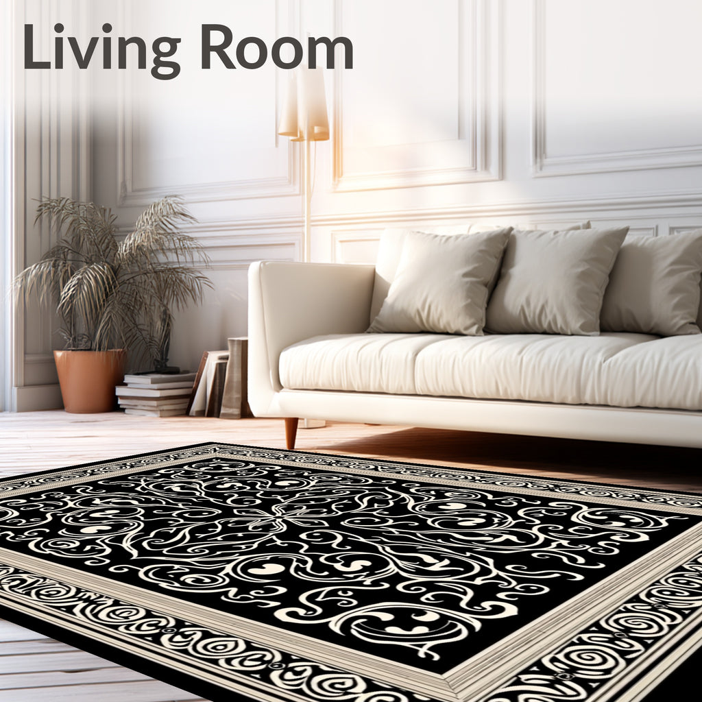 Ornate Black Cream Scrollwork Design Rug