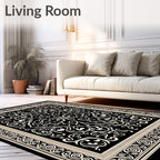 Ornate Black Cream Scrollwork Design Rug
