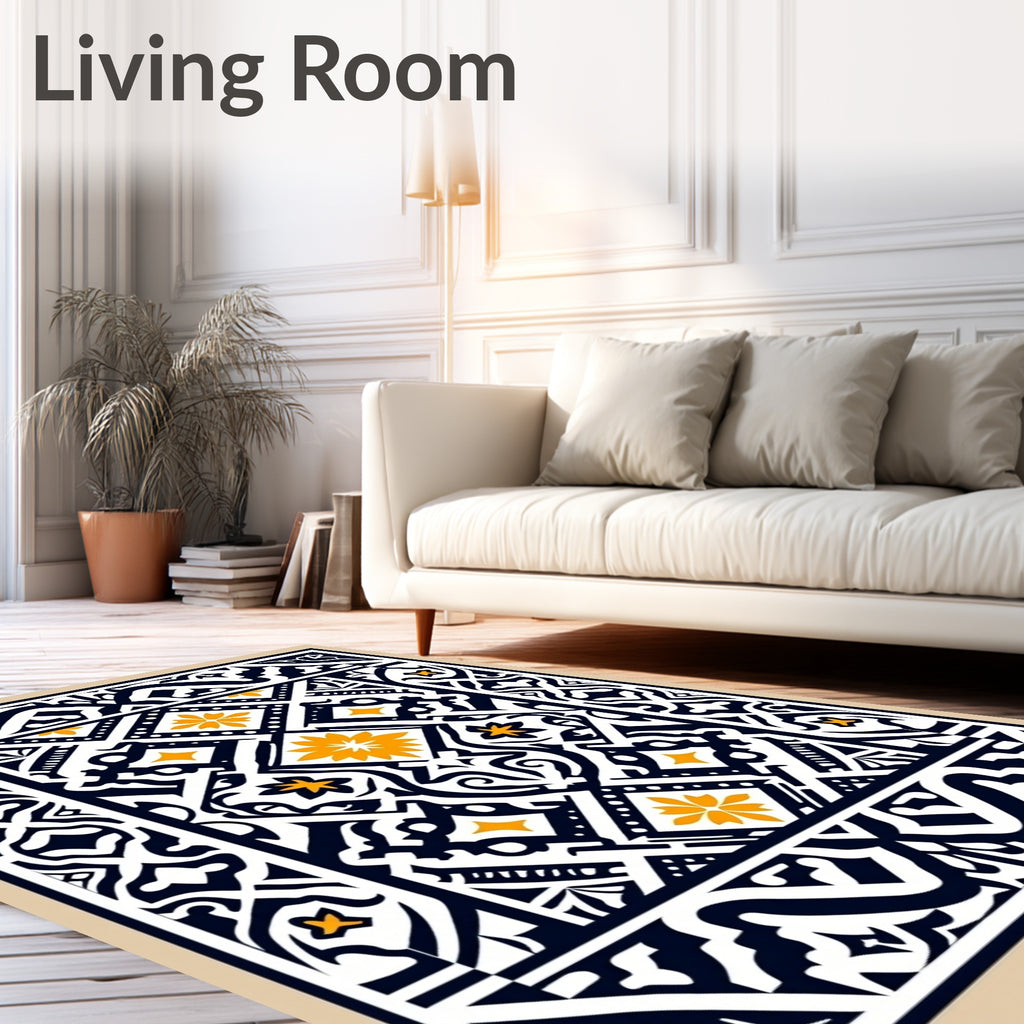 Ornate Black White Yellow Floral Pattern Rug