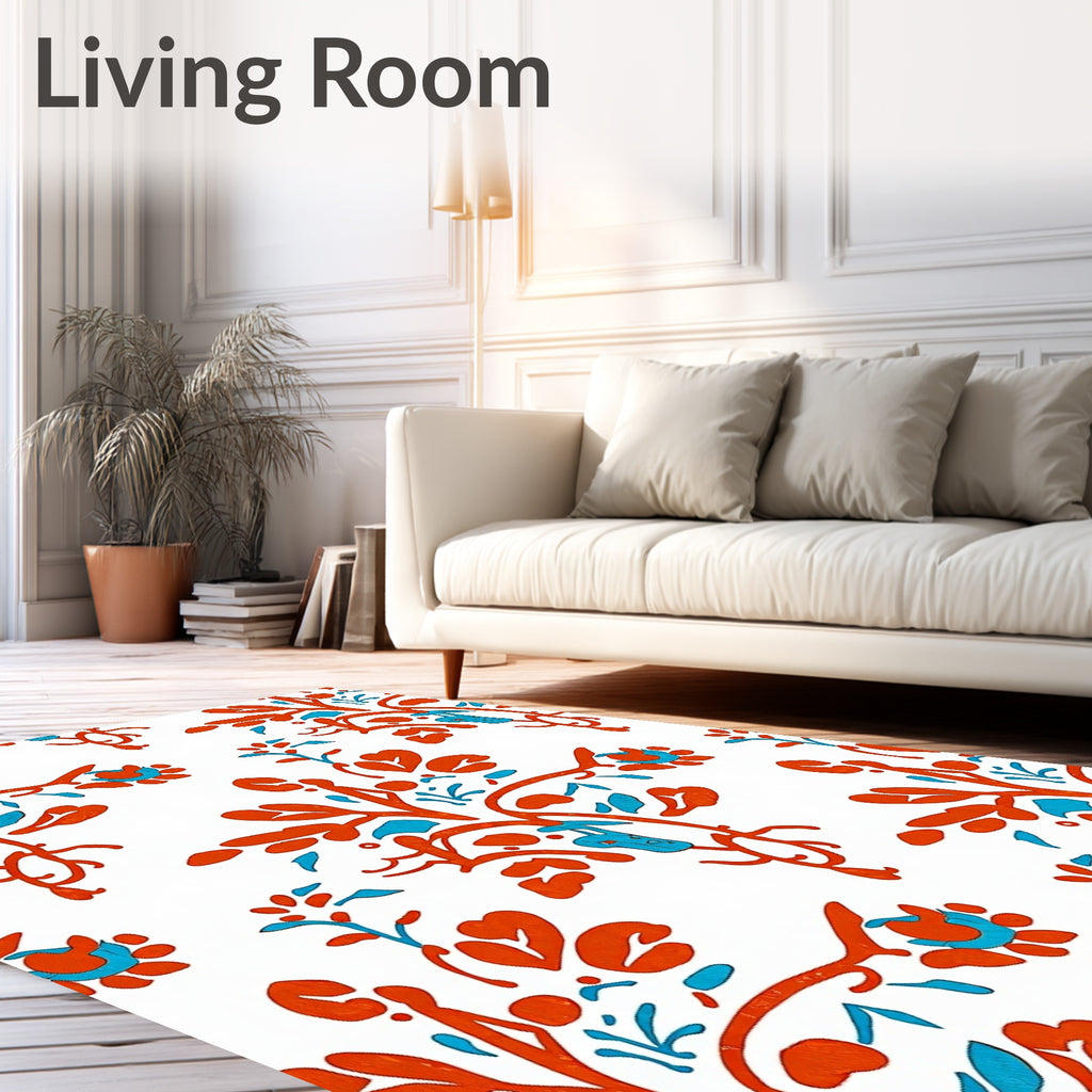 Orangey Red Blue Floral Branches Rug