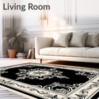 Ornate Black Cream Scrollwork Rug