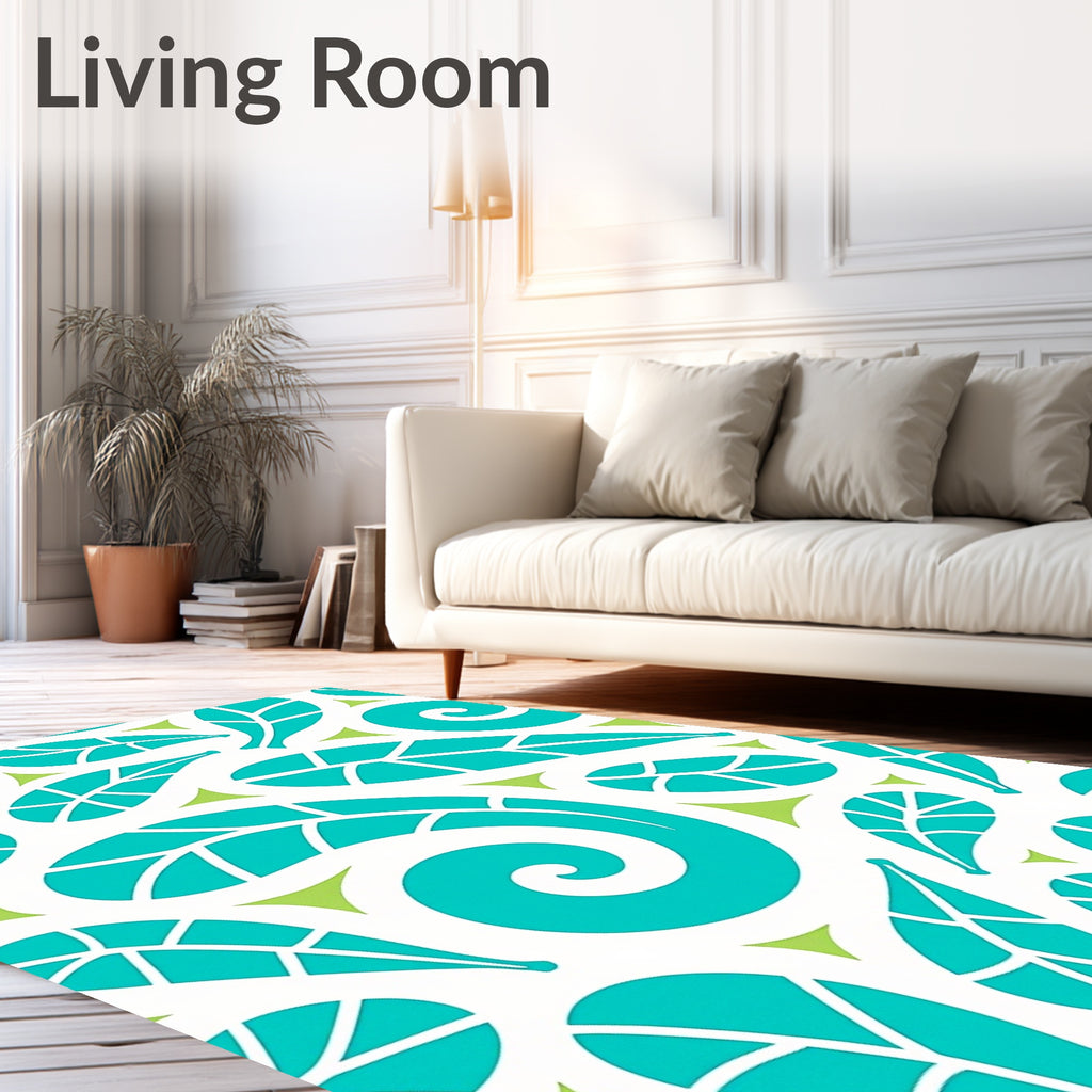 Aqua Leaf and Swirl Pattern Rug