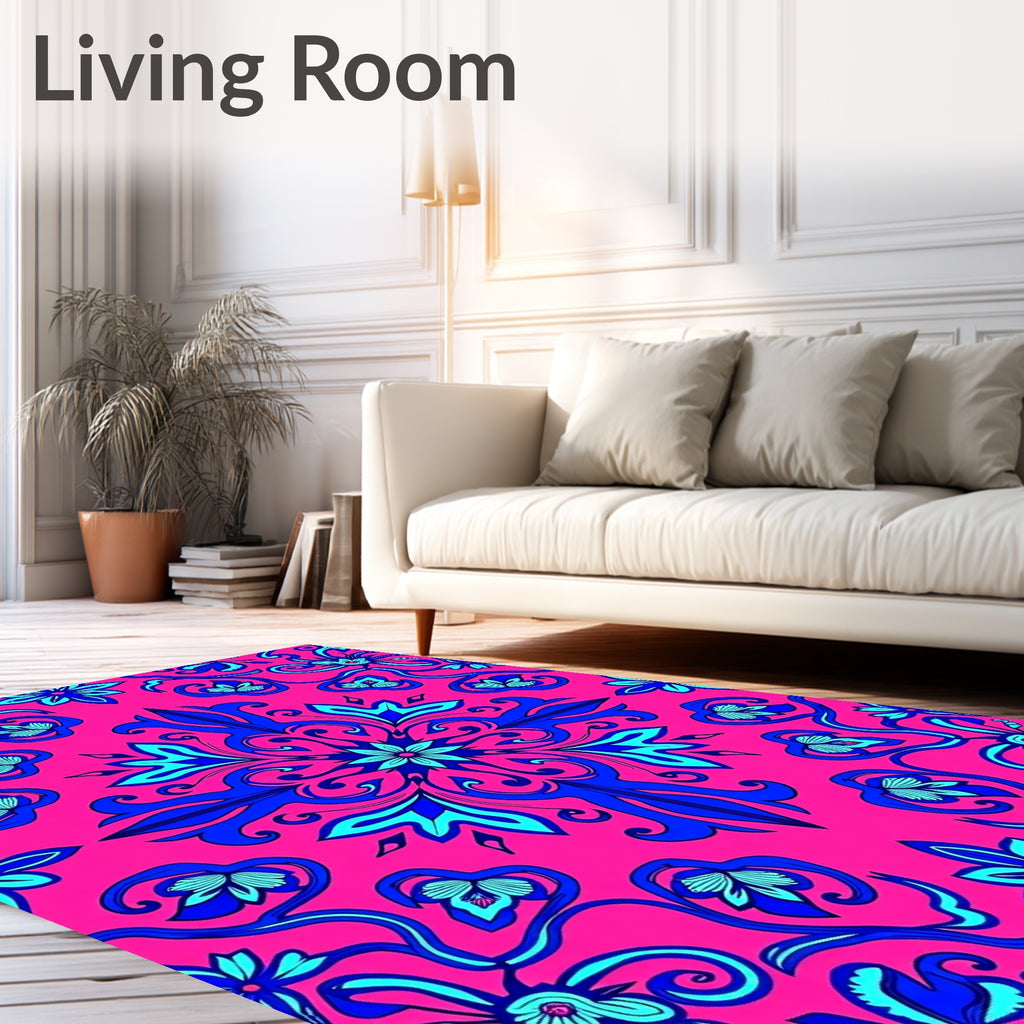 Vibrant Blue Pink Floral Scroll Rug
