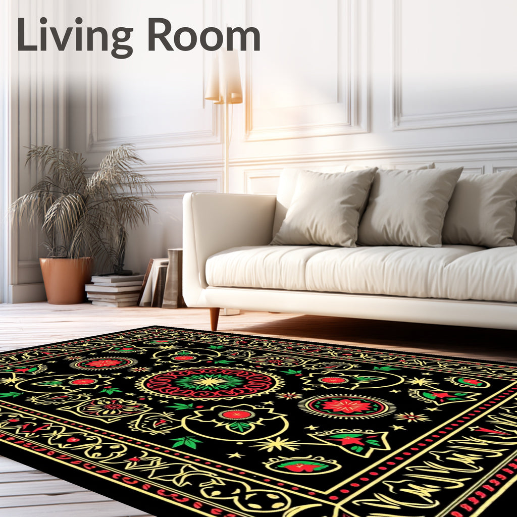 Black Red Green Golden Floral Medallion Tapestry Rug