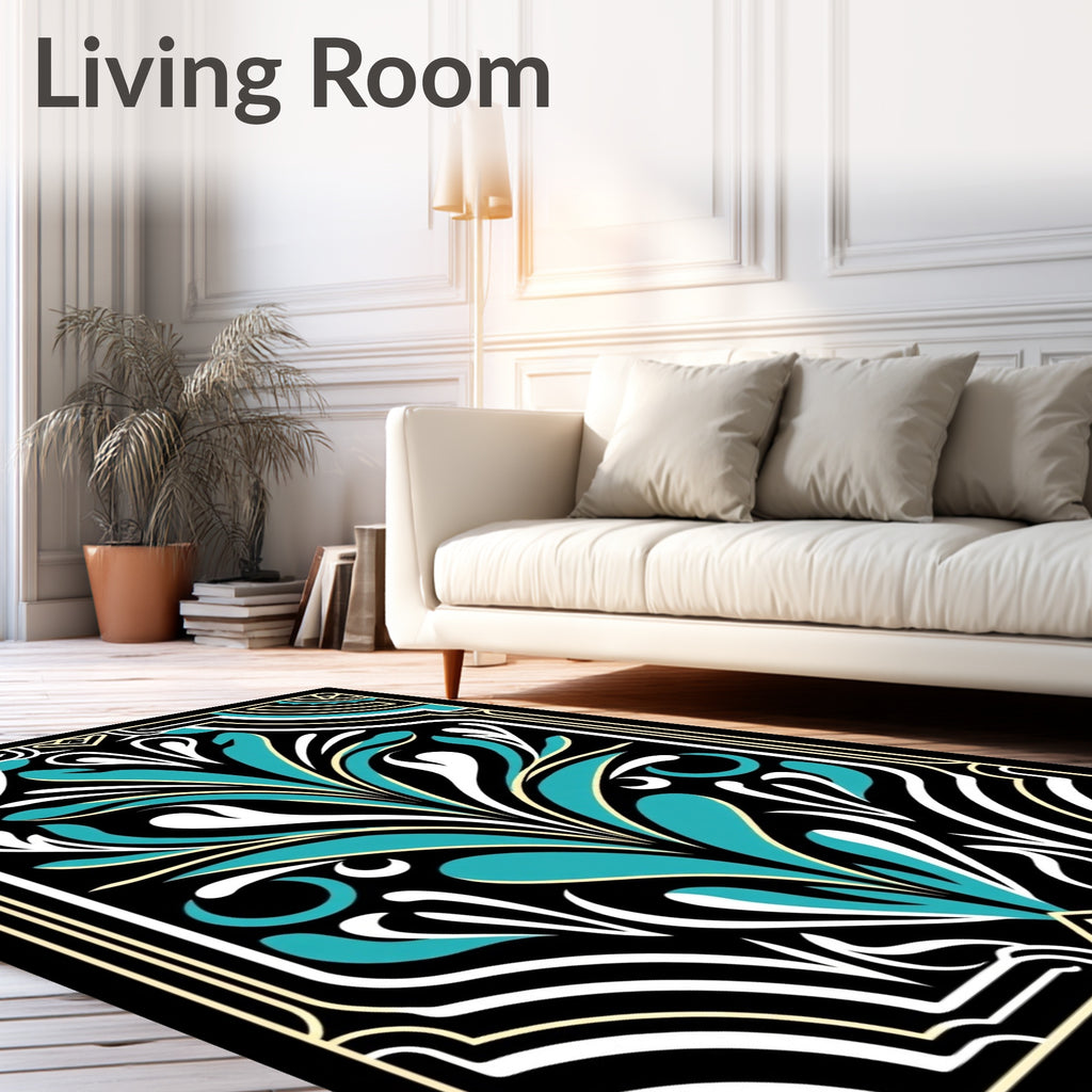 Art Deco Floral Teal Design Rug
