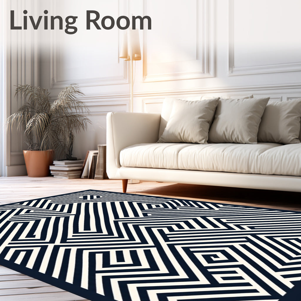 Sharp Black White Geometric Maze Design Rug