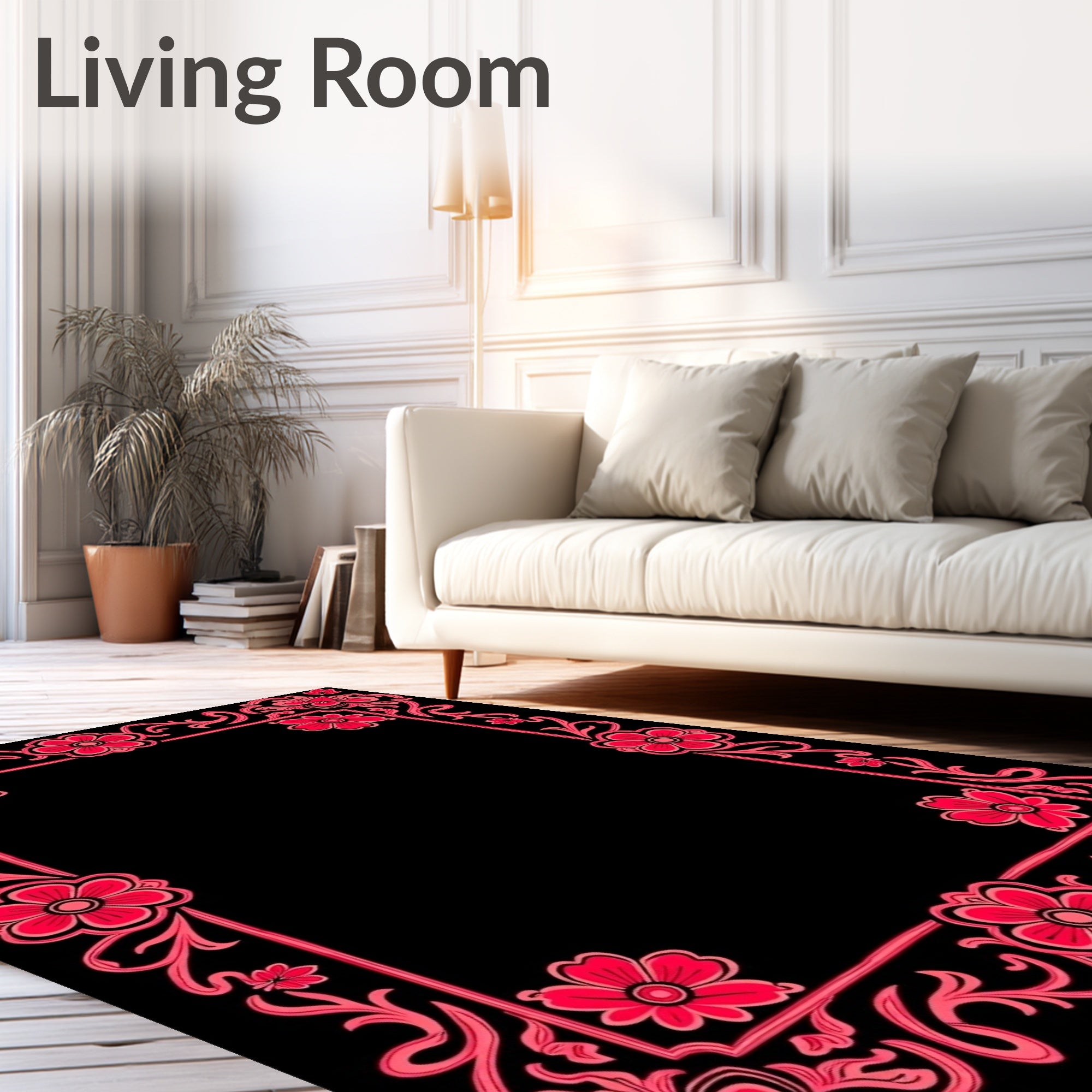 Red Floral Scrollwork Border Design Rug