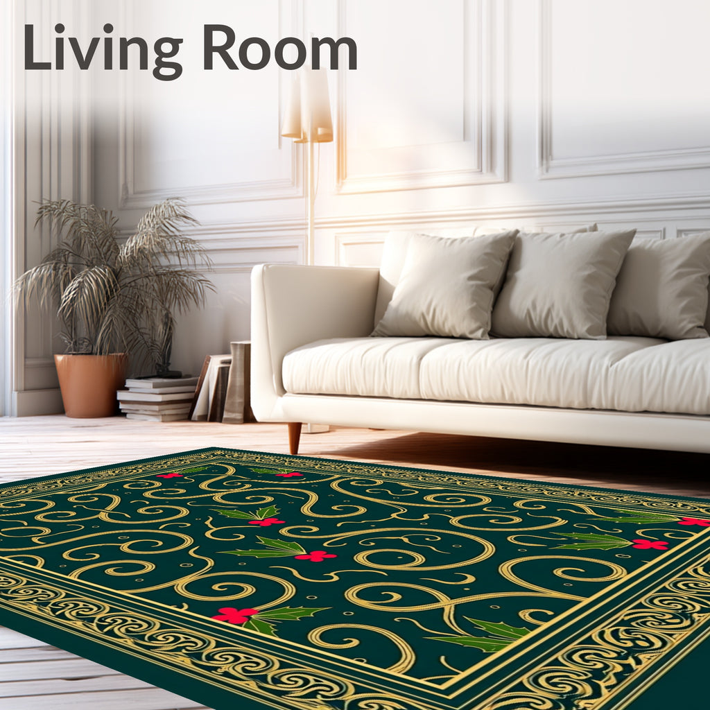 Ornate Green Gold Swirl Holly Rug